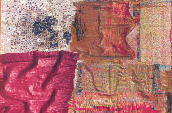 Textura com 4 tecidos em tons cobre, bege, algodão cru e vinho formando um mosaico de 4 quadrados.